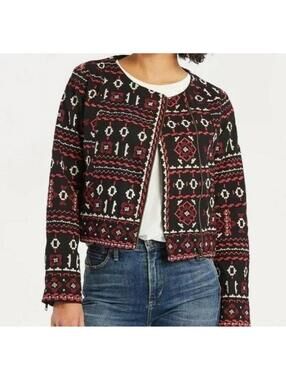 Feathers by Tolani Aztec Red Black Boho Embroidered Moto Zip Up Jacket L